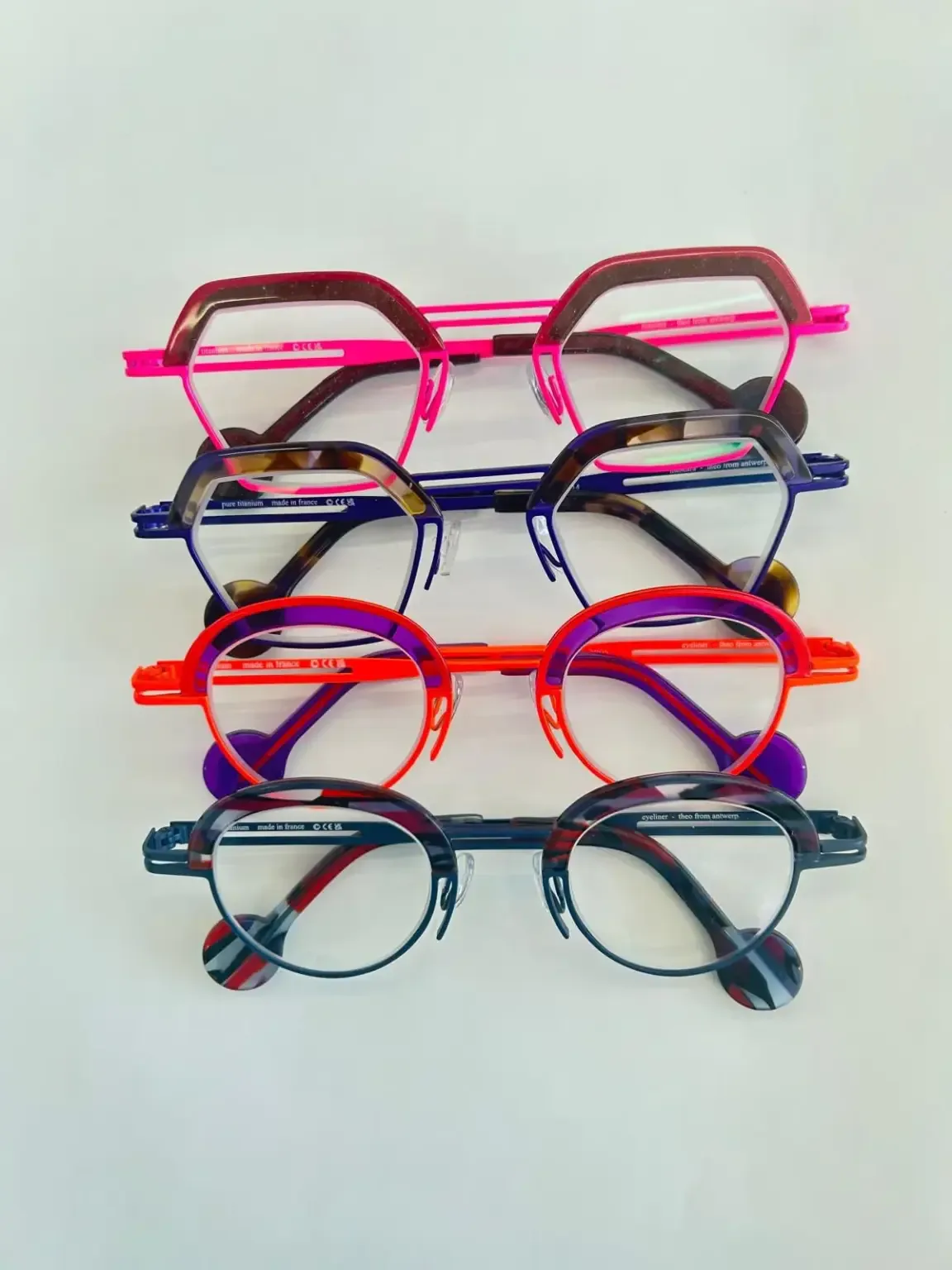 Theo geometric and round glasses in bright colour combinations